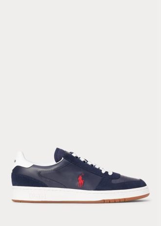 Granatowo-czerwone męskie trampki Ralph Lauren Court ze skóry i zamszu