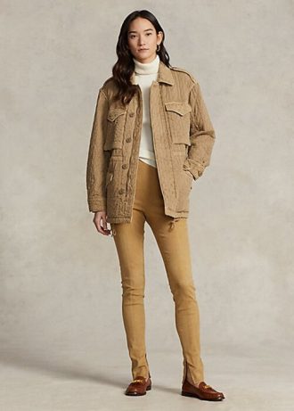 Khaki damskie legginsy Ralph Lauren z zamszu jagnięcego