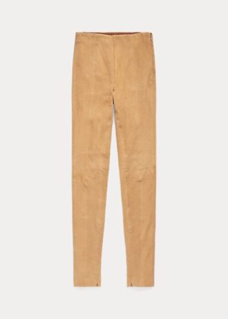 Khaki damskie legginsy Ralph Lauren z zamszu jagnięcego