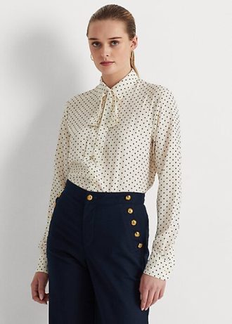 Koszule damskie Ralph Lauren z krepy w groszki i wiązaniem pod szyją w kolorze kremowym/granatowym