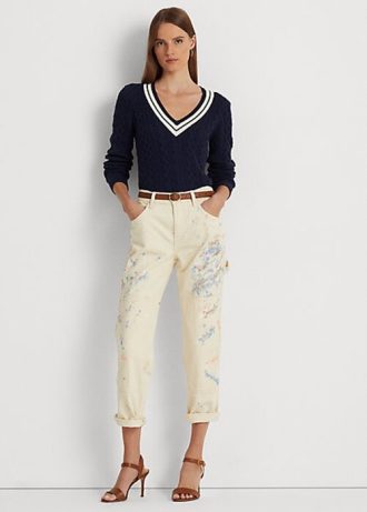 Kremowe damskie jeansy Ralph Lauren Paint-Splatter Denim Carpenter