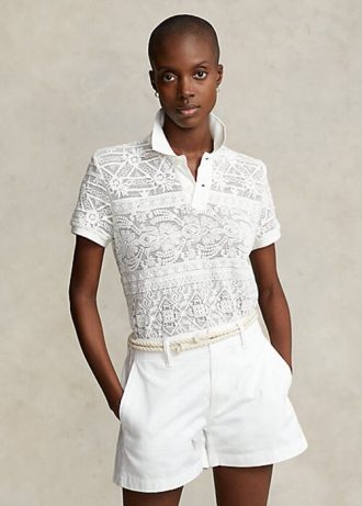 Kremowe damskie koszulki polo Ralph Lauren z koronką geometryczną