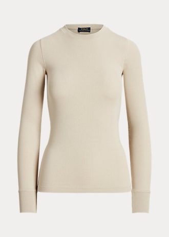 Kremowe damskie koszulki Ralph Lauren z długim rękawem i prążkowanym zamszem