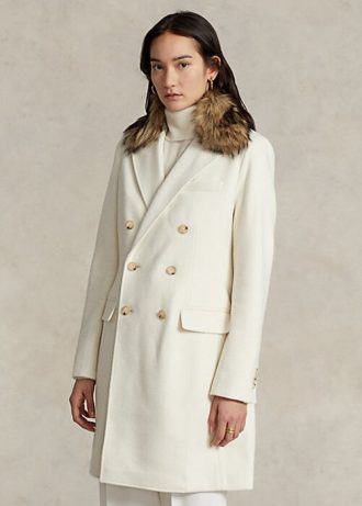 Kremowe damskie płaszcze dwurzędowe Ralph Lauren ze sztucznym futrem i kołnierzem