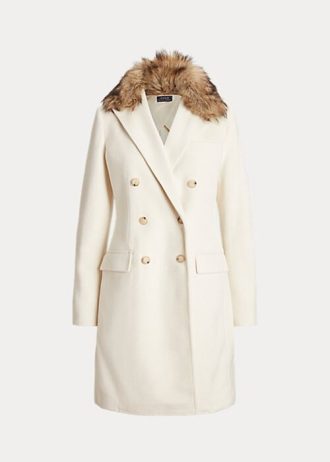 Kremowe damskie płaszcze dwurzędowe Ralph Lauren ze sztucznym futrem i kołnierzem