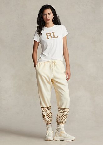 Kremowe damskie spodnie dresowe z polaru Ralph Lauren z motywem płatka śniegu