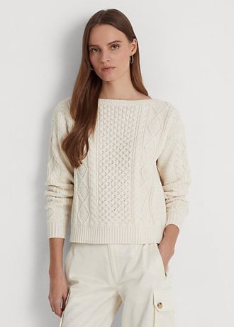 Kremowe damskie swetry Ralph Lauren Aran-Knit Cotton Boatneck