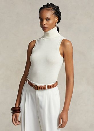 Kremowe damskie swetry z wełny bez rękawów i golfem Ralph Lauren