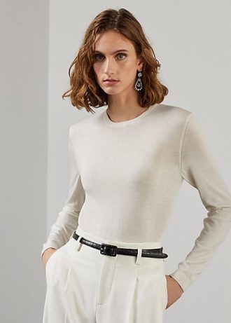 Kremowe swetry damskie Ralph Lauren z wełny merino z okrągłym dekoltem