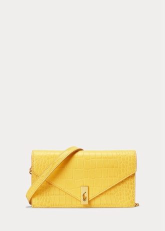Musztardowe damskie portfele łańcuszkowe Ralph Lauren Polo ID z wytłoczonym wzorem krokodyla