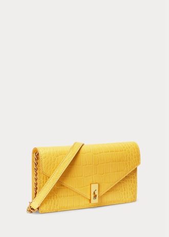 Musztardowe damskie portfele łańcuszkowe Ralph Lauren Polo ID z wytłoczonym wzorem krokodyla