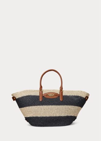 Naturalne/Czarne/Lauren Tan Damskie torebki Daphney w paski ze słomy średniej wielkości Ralph Lauren