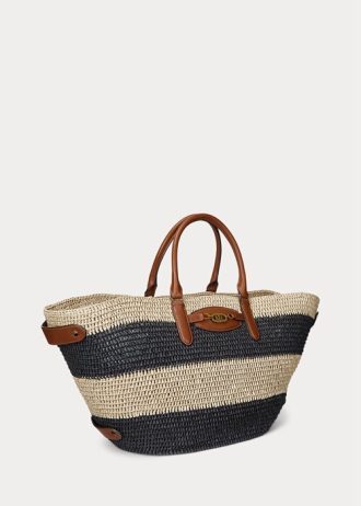 Naturalne/Czarne/Lauren Tan Damskie torebki Daphney w paski ze słomy średniej wielkości Ralph Lauren