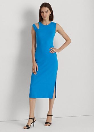 Niebieska damska sukienka midi bez rękawów Ralph Lauren z mieszanki bawełny