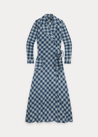 Niebieska damska sukienka w kratę Ralph Lauren z woalu bawełnianego