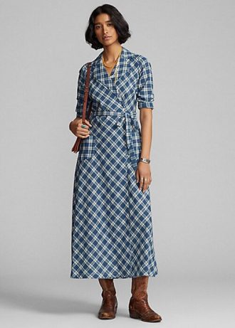 Niebieska damska sukienka w kratę Ralph Lauren z woalu bawełnianego