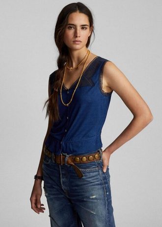Niebieskie damskie bluzki na ramiączkach Ralph Lauren w kolorze indygo z szydełkowym wykończeniem