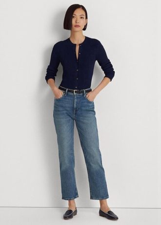 Niebieskie damskie jeansy Ralph Lauren z wysokim stanem i prostą nogawką