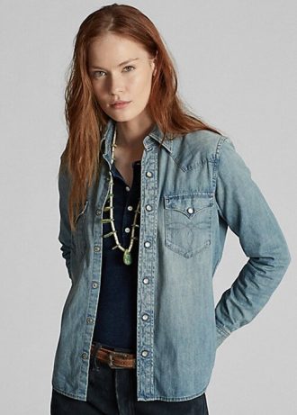 Niebieskie damskie koszule jeansowe Ralph Lauren Indigo w stylu western