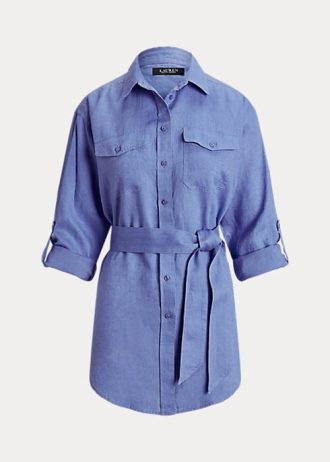 Niebieskie damskie koszule lniane z paskiem Ralph Lauren