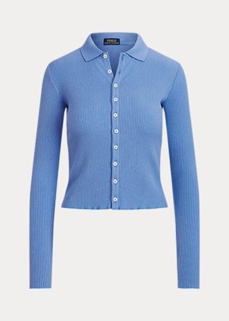 Niebieskie damskie koszulki polo Ralph Lauren z prążkowanego materiału, zapinane z przodu na guziki