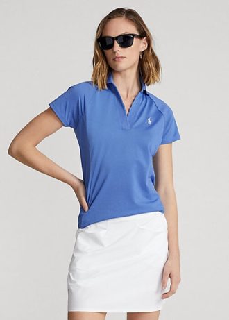 Niebieskie damskie koszulki polo Ralph Lauren z siateczki z falbanką i listwą