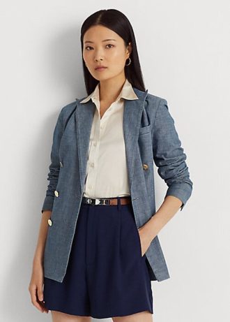Niebieskie damskie marynarki dwurzędowe z szambraju marki Ralph Lauren