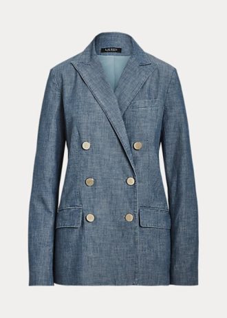 Niebieskie damskie marynarki dwurzędowe z szambraju marki Ralph Lauren