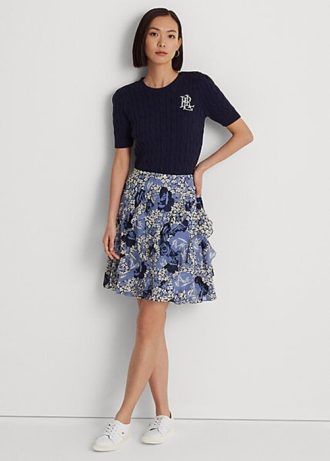 Niebieskie damskie spódnice z żorżety z kwiatowym wzorem i falbanką marki Ralph Lauren