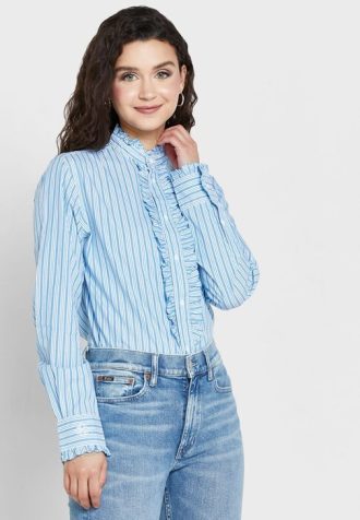 Niebieskie koszule damskie Ralph Lauren w paski z falbanką
