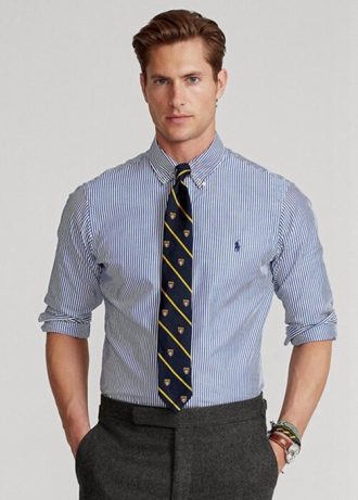 Niebieskie męskie koszule formalne Ralph Lauren Slim Fit z popeliny w paski