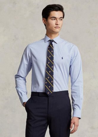 Niebieskie męskie koszule formalne Ralph Lauren Slim Fit z popeliny w paski