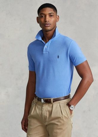 Niebieskie męskie koszulki polo Ralph Lauren Custom Slim Fit z siateczki