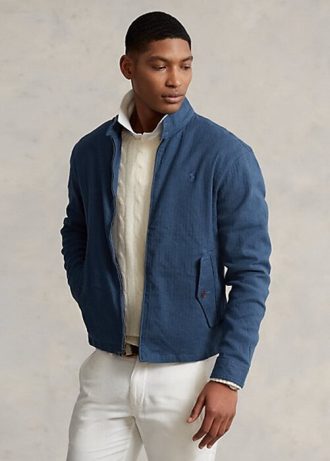 Niebieskie męskie kurtki Ralph Lauren z mieszanki lnu i jodełki