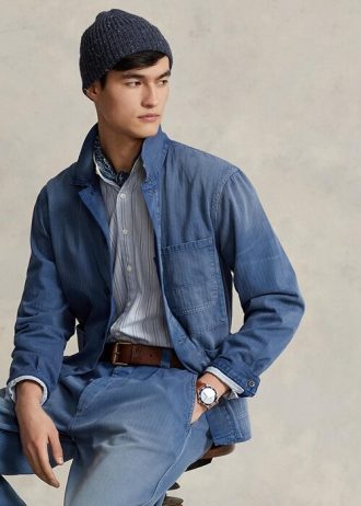 Niebieskie męskie kurtki Ralph Lauren z wzorem w jodełkę i skośnym splotem