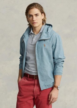 Niebieskie męskie kurtki z kapturem Ralph Lauren Indigo Chambray