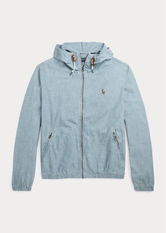 Niebieskie męskie kurtki z kapturem Ralph Lauren Indigo Chambray