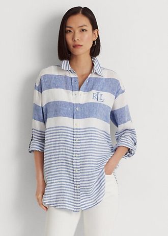 Niebiesko-białe damskie koszule lniane w paski oversize marki Ralph Lauren