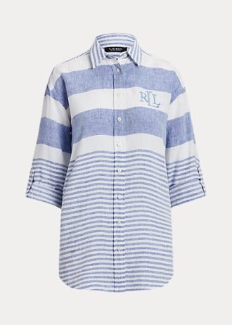 Niebiesko-białe damskie koszule lniane w paski oversize marki Ralph Lauren
