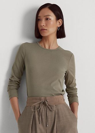 Oliwkowe damskie bluzki z długim rękawem Ralph Lauren z mieszanki bawełny