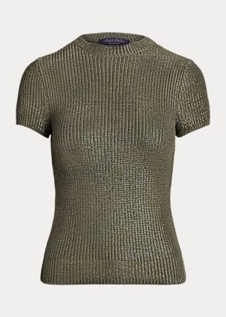 Oliwkowe damskie swetry z krótkim rękawem z lakierowanego jedwabiu marki Ralph Lauren Oliwkowe damskie swetry z krótkim rękawem z lakierowanego jedwabiu marki Ralph Lauren