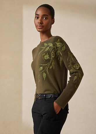 Oliwkowe swetry damskie z kaszmiru z okrągłym dekoltem marki Ralph Lauren