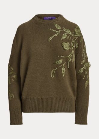 Oliwkowe swetry damskie z kaszmiru z okrągłym dekoltem marki Ralph Lauren