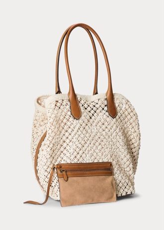 Pergaminowy kremowy damski Ralph Lauren Duża torba typu tote Bellport z szydełkowanym wykończeniem ze skóry