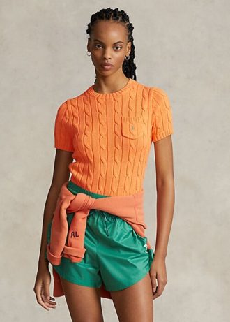 Pomarańczowe damskie swetry Ralph Lauren z krótkim rękawem z bawełny o splocie kablowym