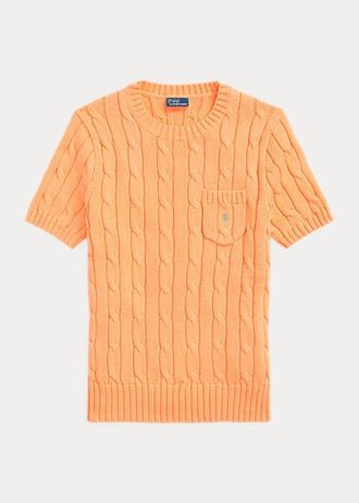 Pomarańczowe damskie swetry Ralph Lauren z krótkim rękawem z bawełny o splocie kablowym