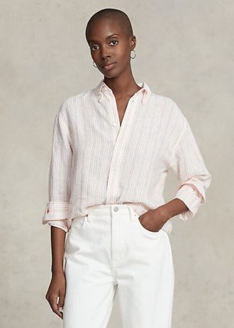 Różowe damskie koszule lniane w paski Ralph Lauren o luźnym kroju