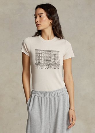 Różowe damskie koszulki Ralph Lauren Slim z nadrukiem i prążkowaną bawełną