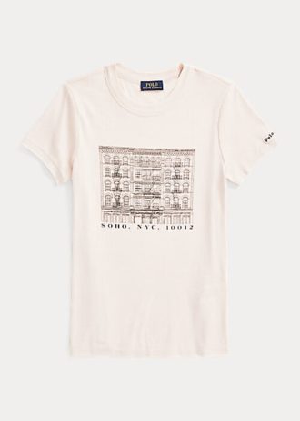 Różowe damskie koszulki Ralph Lauren Slim z nadrukiem i prążkowaną bawełną
