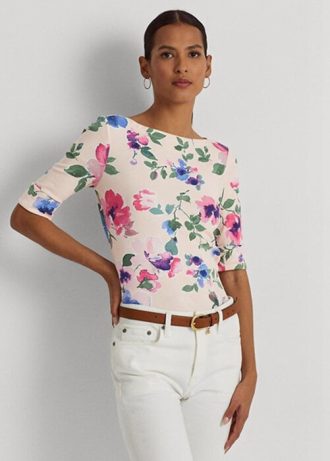 Różowe damskie koszulki Ralph Lauren z rozciągliwej bawełny w kwiaty